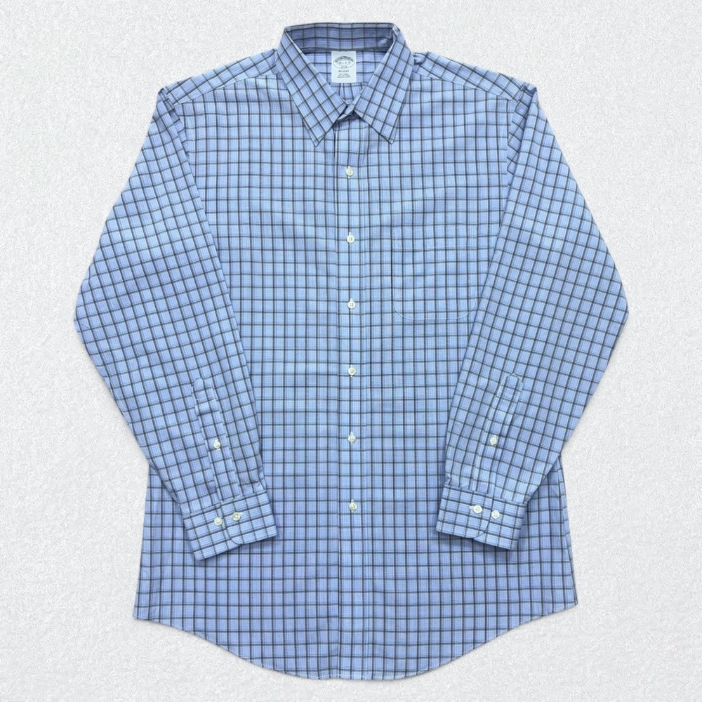 Brooks Brothers Dress Shirt Mens 15.5 Blue Regent Non-Iron Grid Check